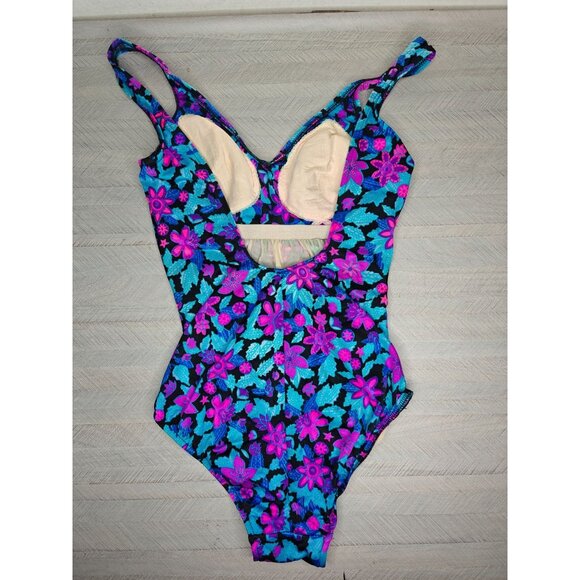 Vintage 80s Maxine Of Hollywood Womens Neon Floral One-Piece Swimsuit Size 12 - Picture 4 of 9